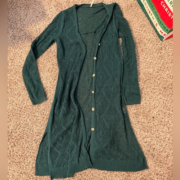 Free People Sweaters - Vintage Free People Dark Green Openwork Long Cardigan